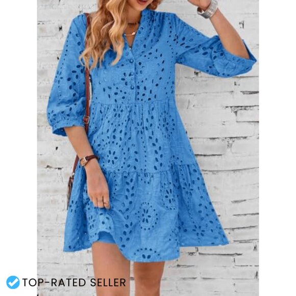 Eyelet Lace Midi Dress V-Neck Puff Sleeve Tiered A-Line Casual Chic - Picture 2 of 6